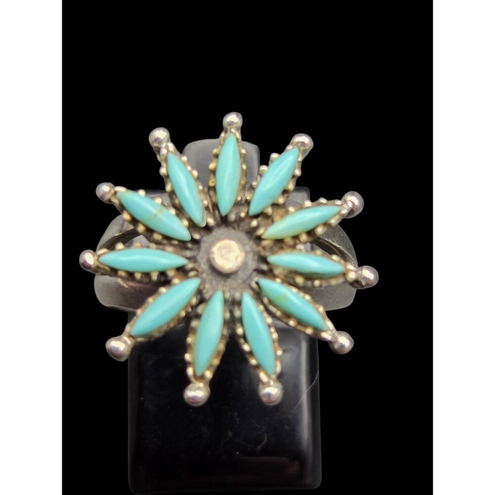 Sterling Silver Needlepoint Turquoise Starburst Flower Ring Size 6.5 Southwest
